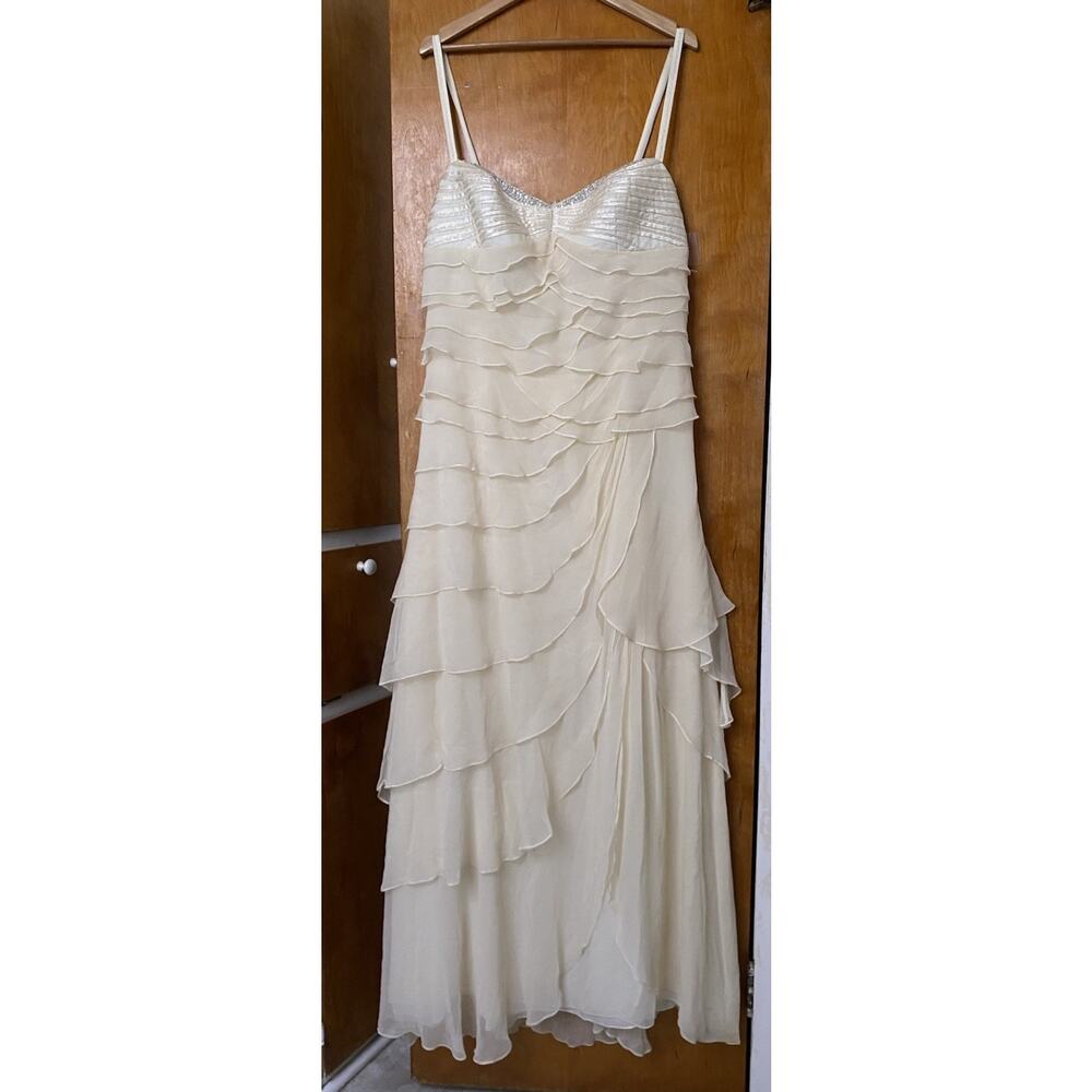 Vintage Y2K Jovani Beaded Ruffle Silk Dress Ivory Gown Prom Bridal Sz 14 Read
